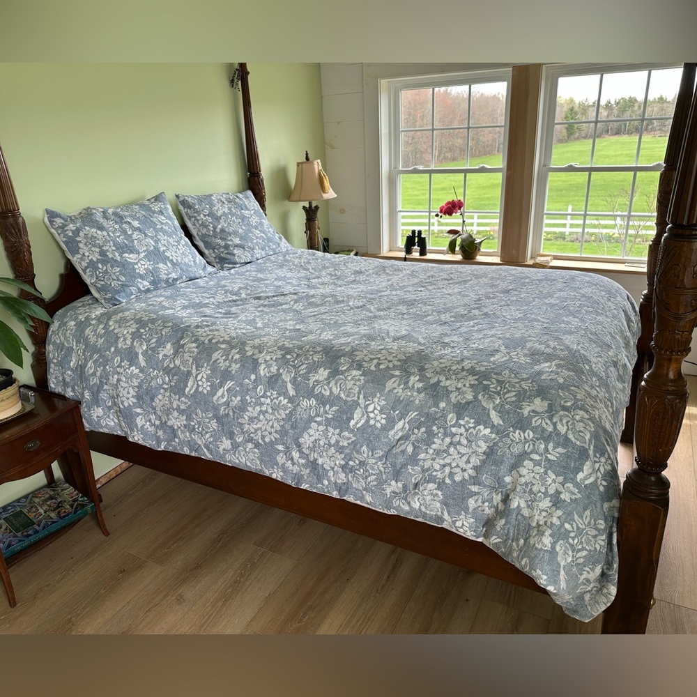 Linden Street (90”x94”) duvet cover & 2 standard shams 
birds & flowers